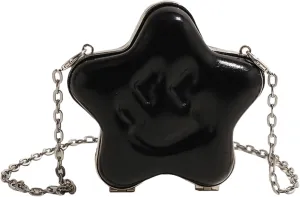 Mini Star Shape Single Shoulder Crossbody Bag Y2k Chain Handbag Smile Purses PU Leather Backpack Cute Cosmetic Bag (Black)