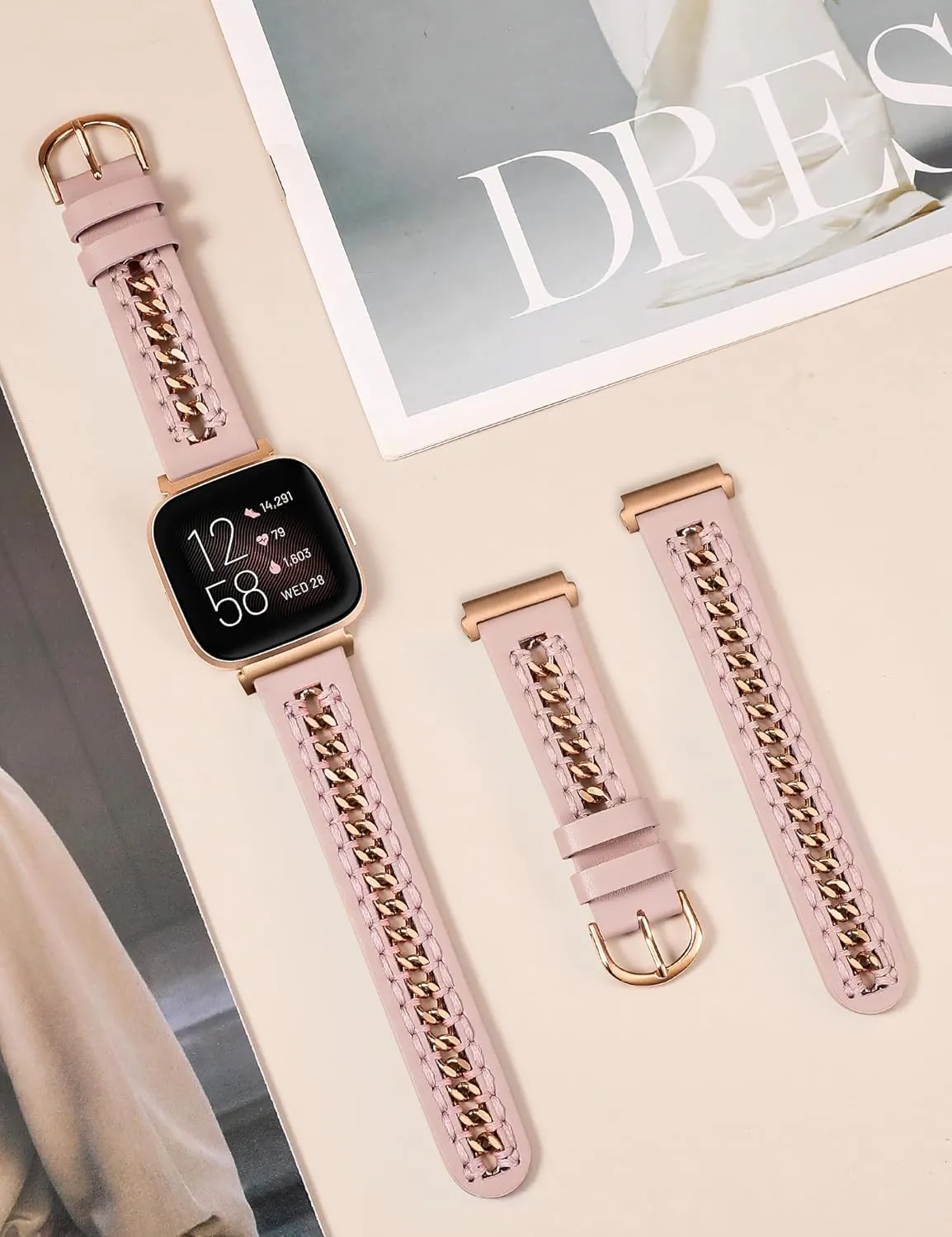 Minyee Leather Band Compatible with Fitbit Versa 2/Fitbit Versa/Versa Lite Bands Women, Dressy Premium Leather Designer Strap with Stainless Steel Metal Chain for Versa 2 Smartwatch Accessories