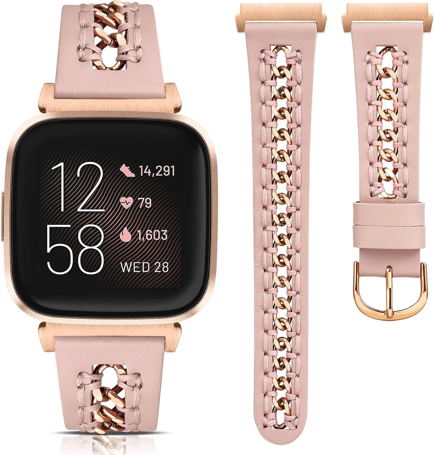 Minyee Leather Band Compatible with Fitbit Versa 2/Fitbit Versa/Versa Lite Bands Women, Dressy Premium Leather Designer Strap with Stainless Steel Metal Chain for Versa 2 Smartwatch Accessories