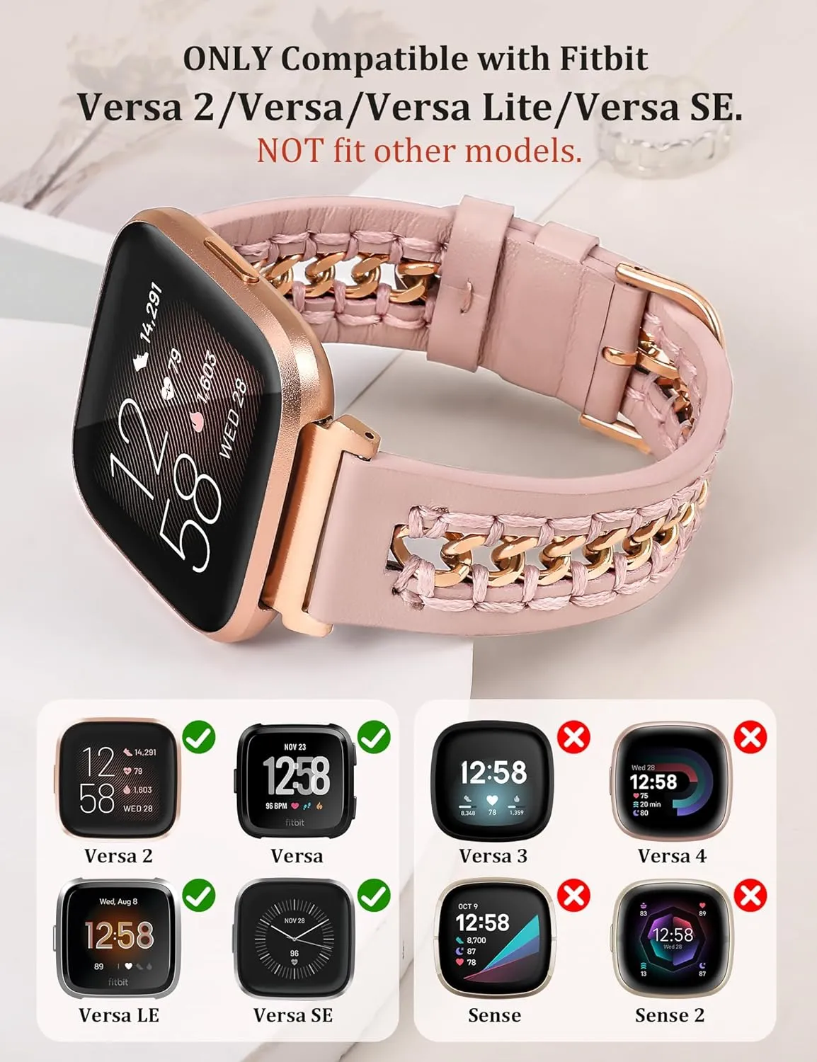 Minyee Leather Band Compatible with Fitbit Versa 2/Fitbit Versa/Versa Lite Bands Women, Dressy Premium Leather Designer Strap with Stainless Steel Metal Chain for Versa 2 Smartwatch Accessories