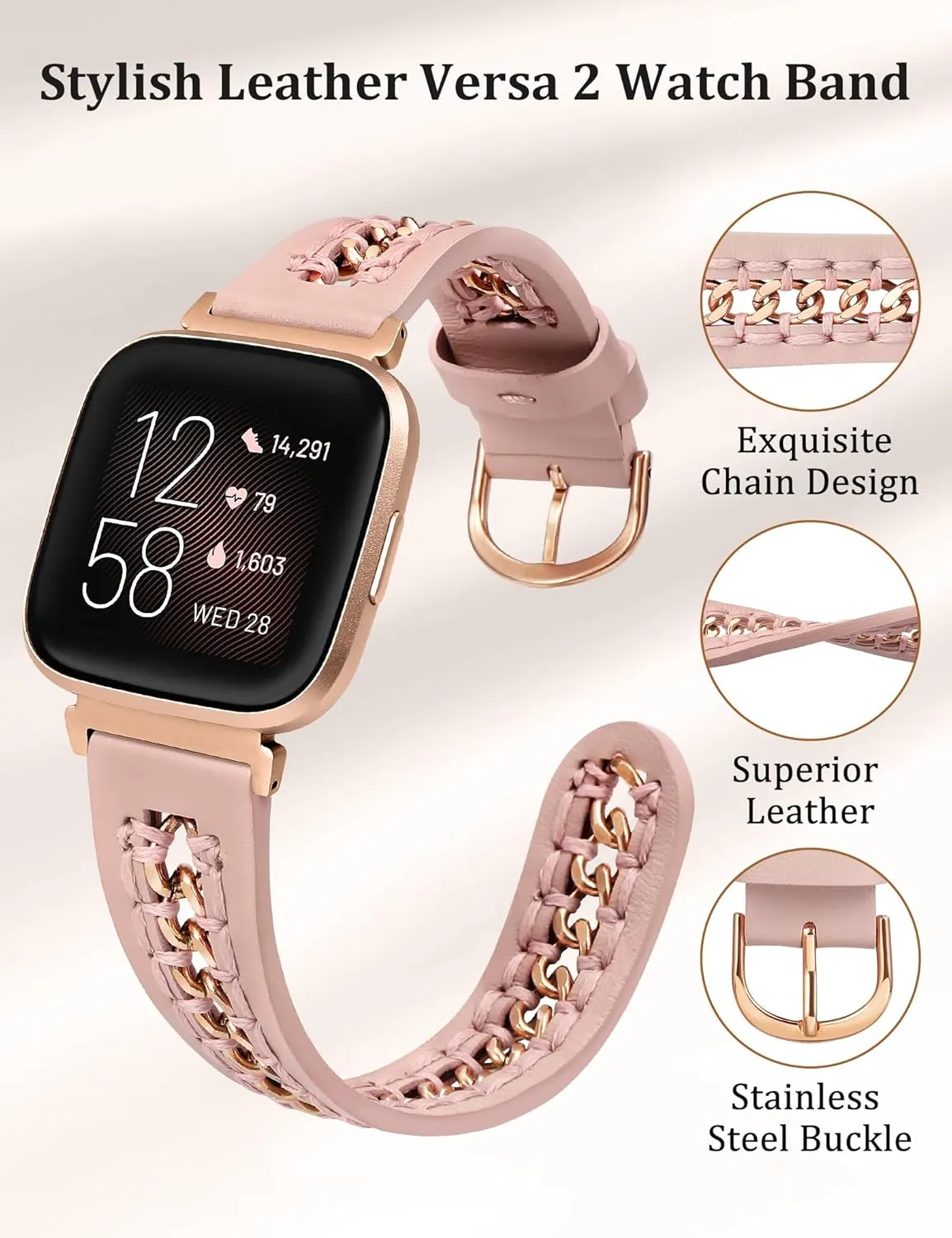 Minyee Leather Band Compatible with Fitbit Versa 2/Fitbit Versa/Versa Lite Bands Women, Dressy Premium Leather Designer Strap with Stainless Steel Metal Chain for Versa 2 Smartwatch Accessories
