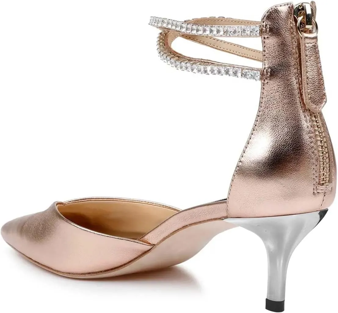 miss left Women's Rhinestones Strappy Closed Pointy Toe D'Orsay Pumps Back Zippers Low Kitten Heel Sandals Chic Prom Dressy Shoes Size 4-16 US