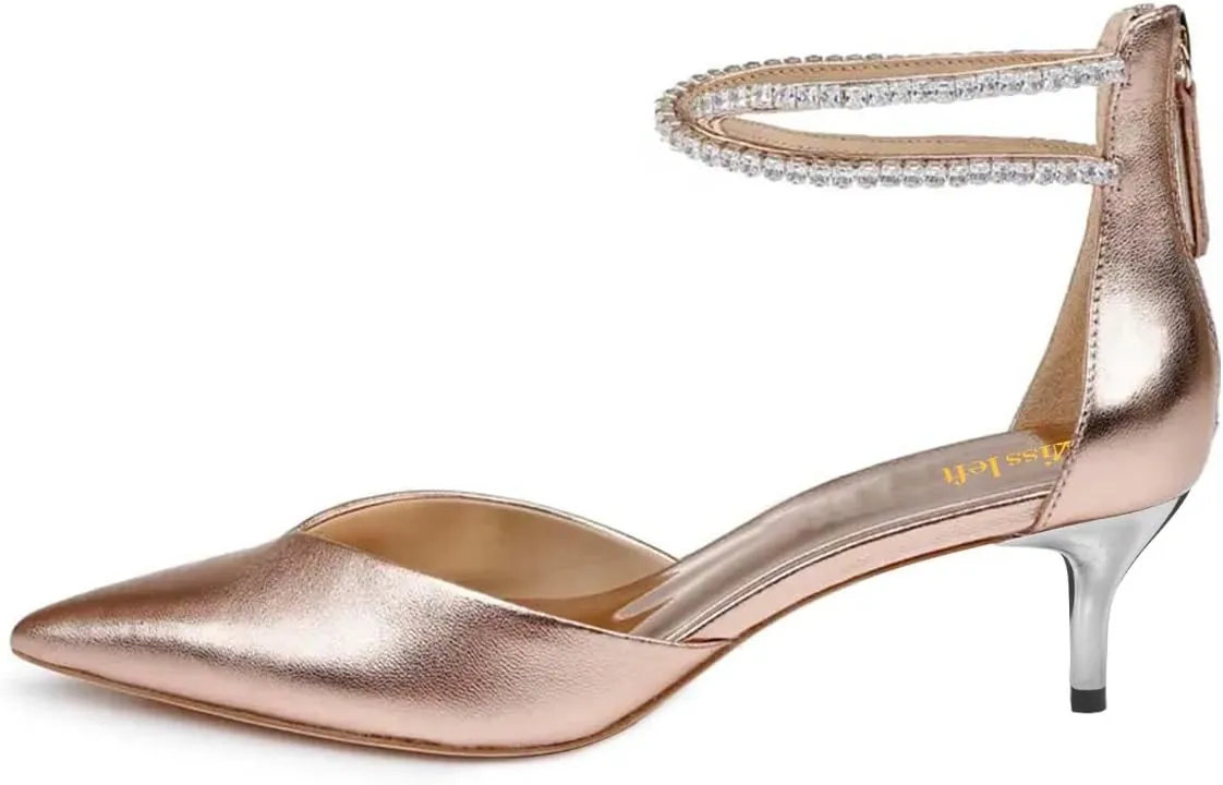 miss left Women's Rhinestones Strappy Closed Pointy Toe D'Orsay Pumps Back Zippers Low Kitten Heel Sandals Chic Prom Dressy Shoes Size 4-16 US