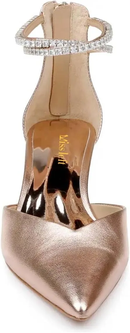 miss left Women's Rhinestones Strappy Closed Pointy Toe D'Orsay Pumps Back Zippers Low Kitten Heel Sandals Chic Prom Dressy Shoes Size 4-16 US