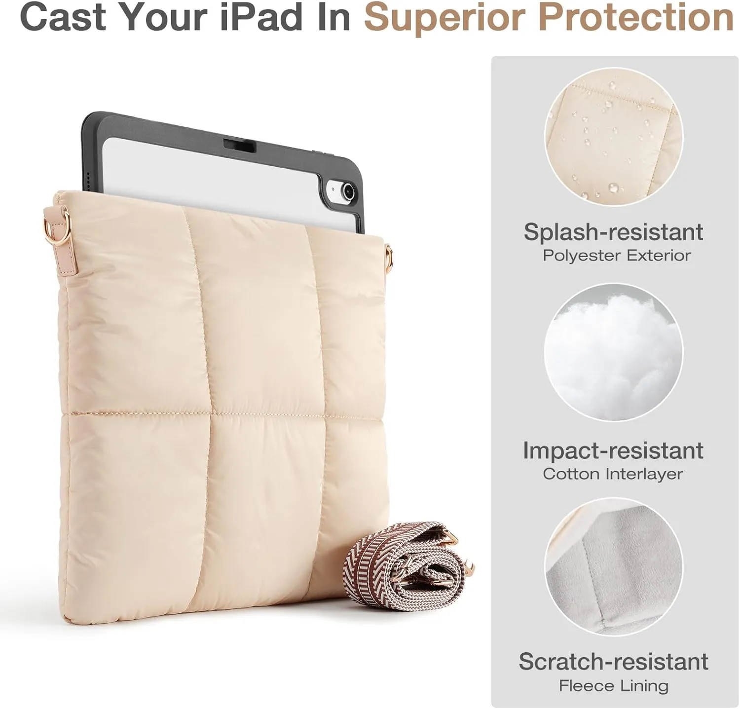 MoKo Puffy Tablet Sleeve Bag for iPad Pro 11/12.9 inch,Quilted Puffer Puff Pillow Case with Shoulder Strap