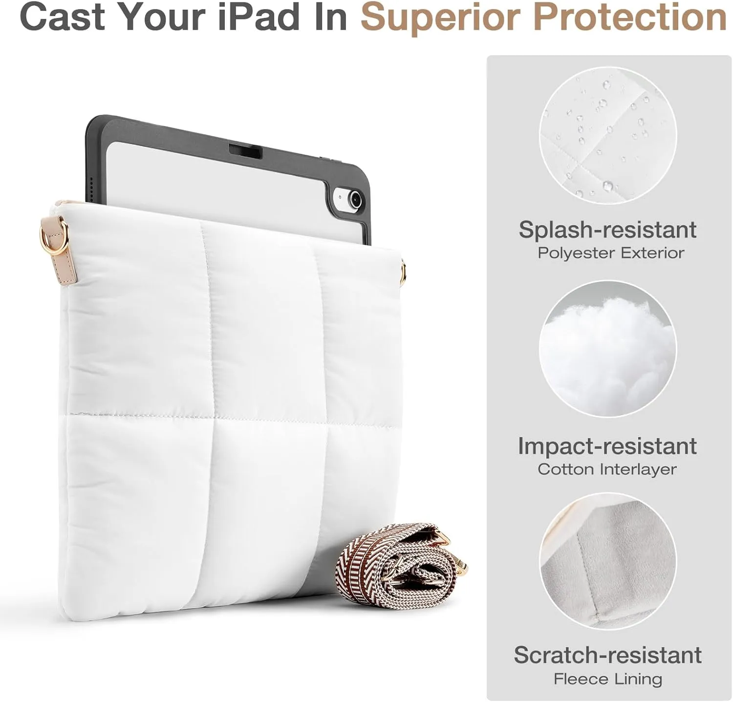 MoKo Puffy Tablet Sleeve Bag for iPad Pro 11/12.9 inch,Quilted Puffer Puff Pillow Case with Shoulder Strap