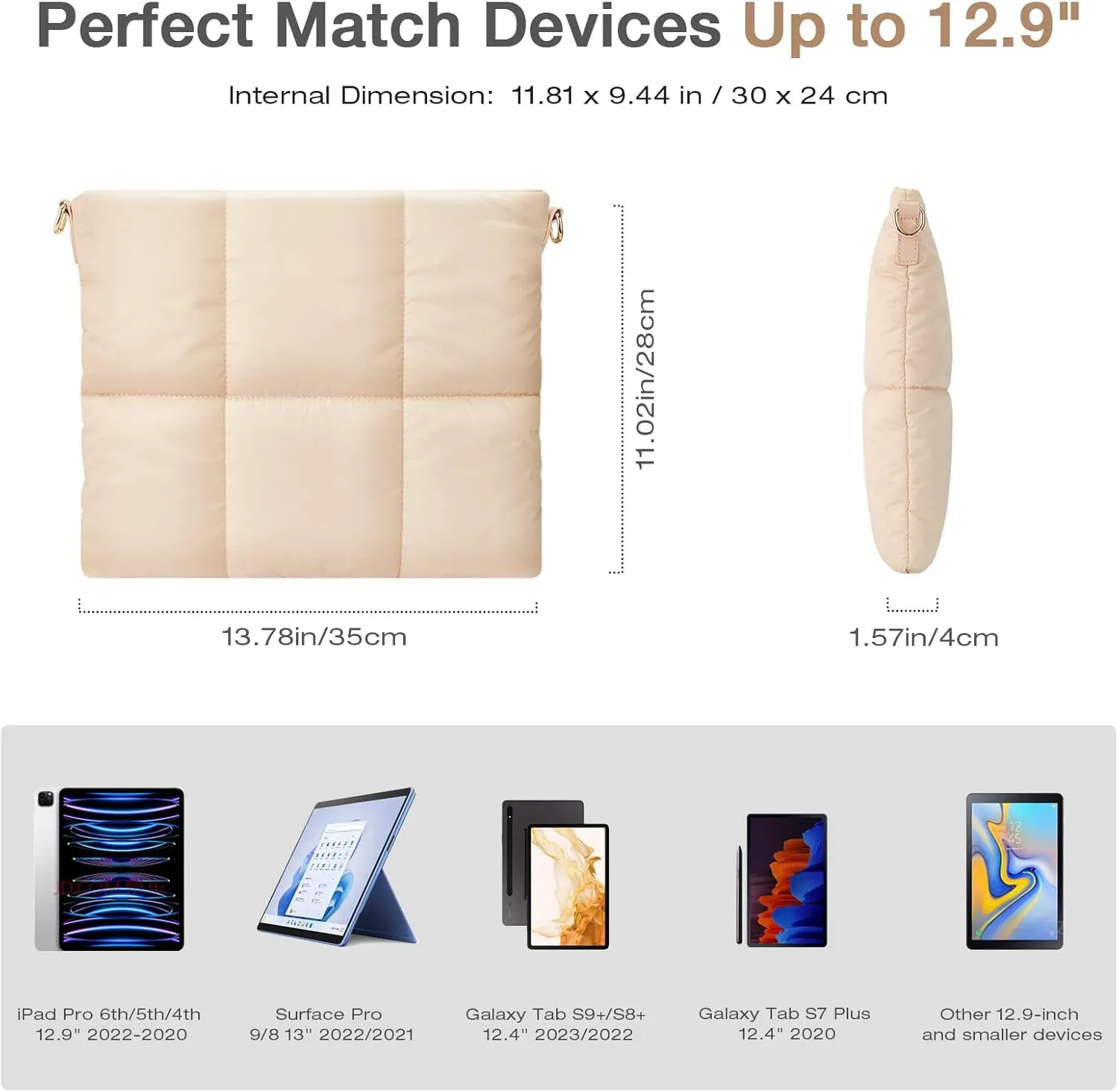 MoKo Puffy Tablet Sleeve Bag for iPad Pro 11/12.9 inch,Quilted Puffer Puff Pillow Case with Shoulder Strap