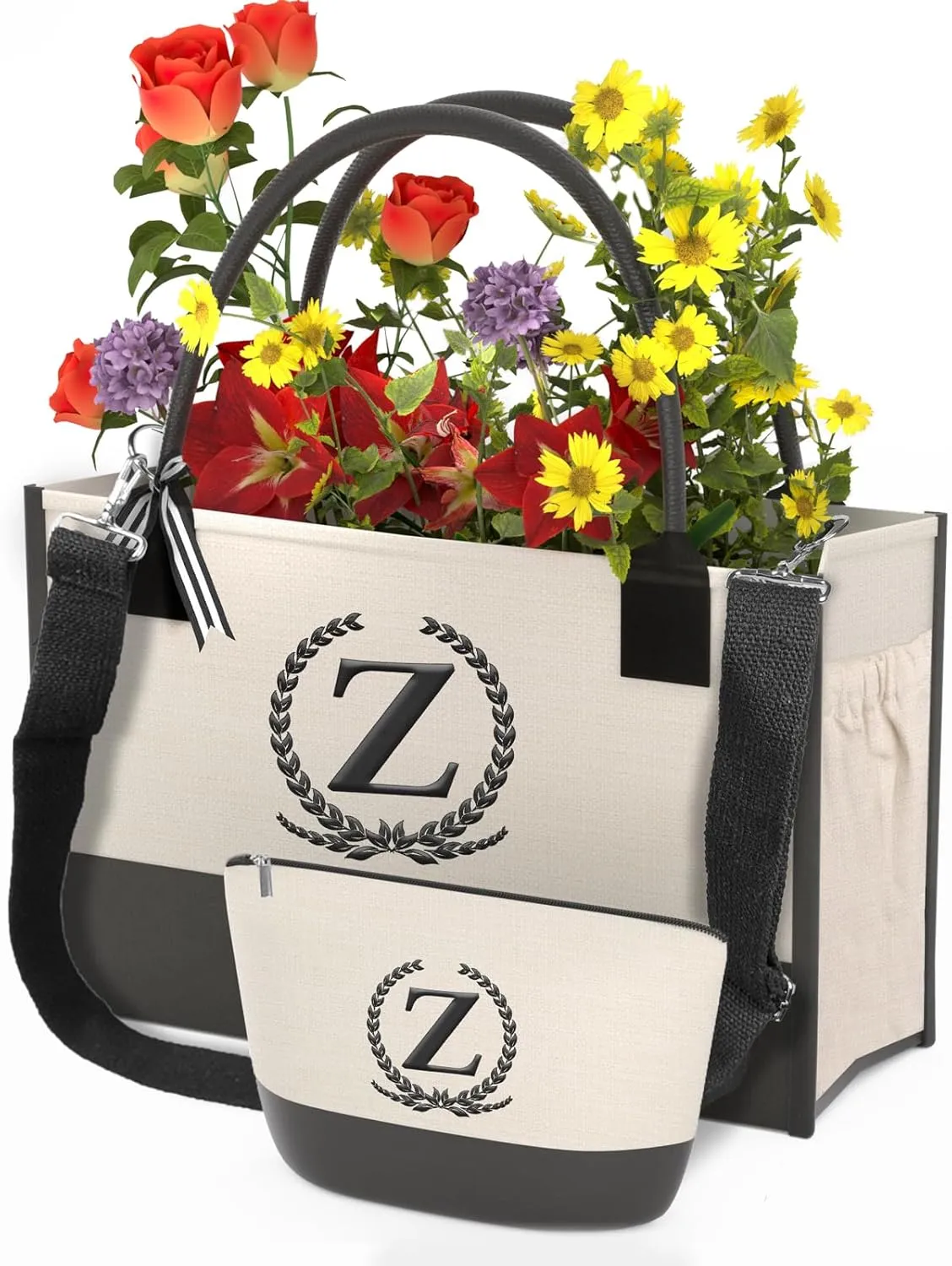 Monogrammed Canvas Tote Bag with Zipper Pockets - Ideal Gift for Mom, Teacher, Sister