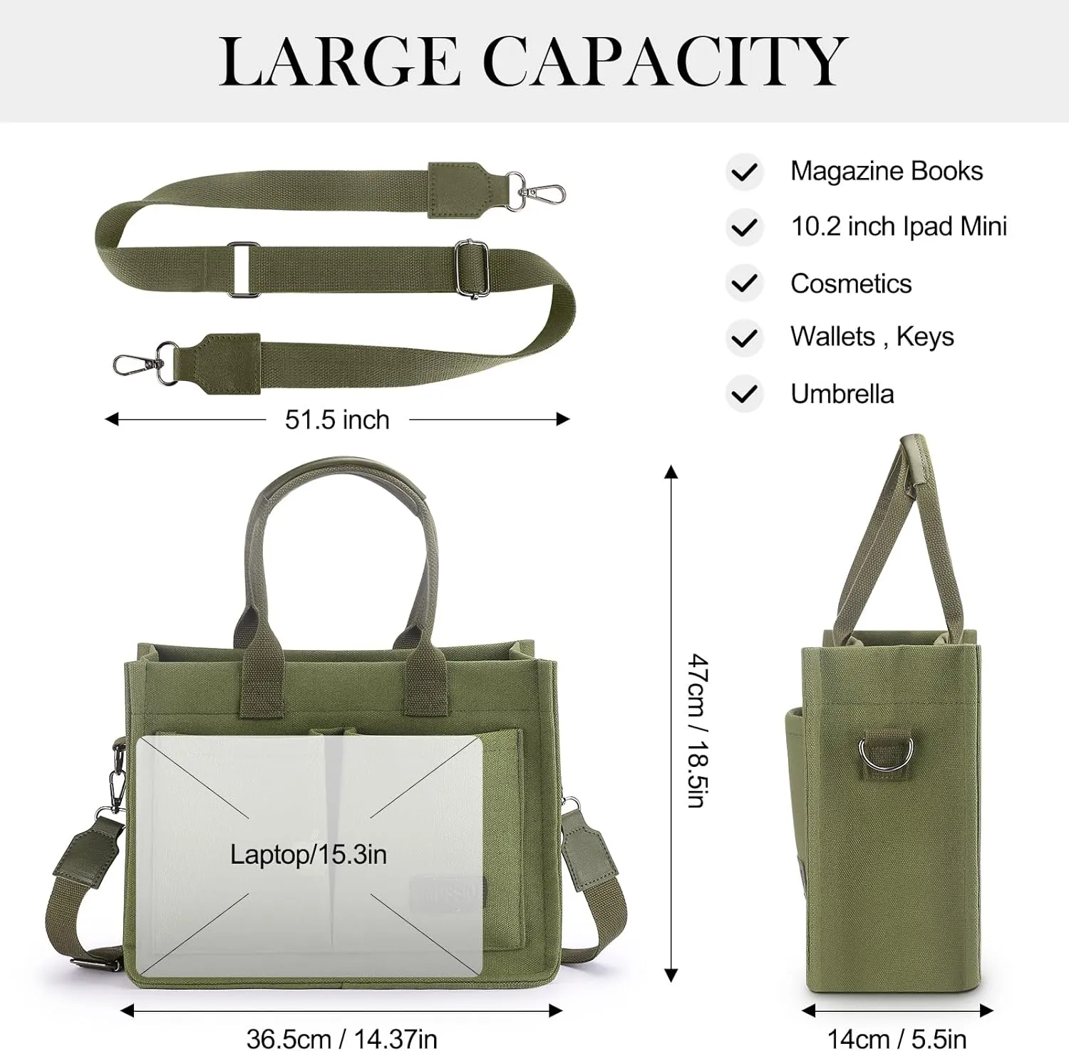 Mossio Large Canvas Tote Bag for Women with Pockets - Laptop Crossbody Work Tote Bag Everyday Bag Shoulder Purse Handbag