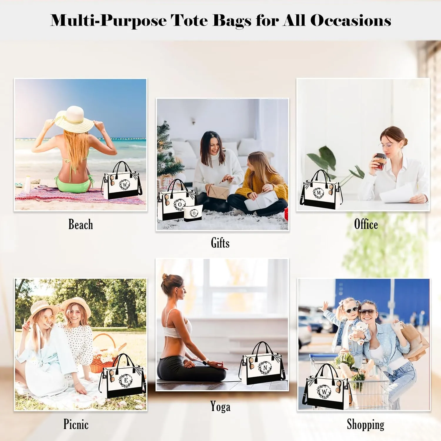 Mother's Day Gifts - Canvas Initial Tote Bags & Makeup with Adjustable Strap, Mothers Day Birthday Gifts for Mom