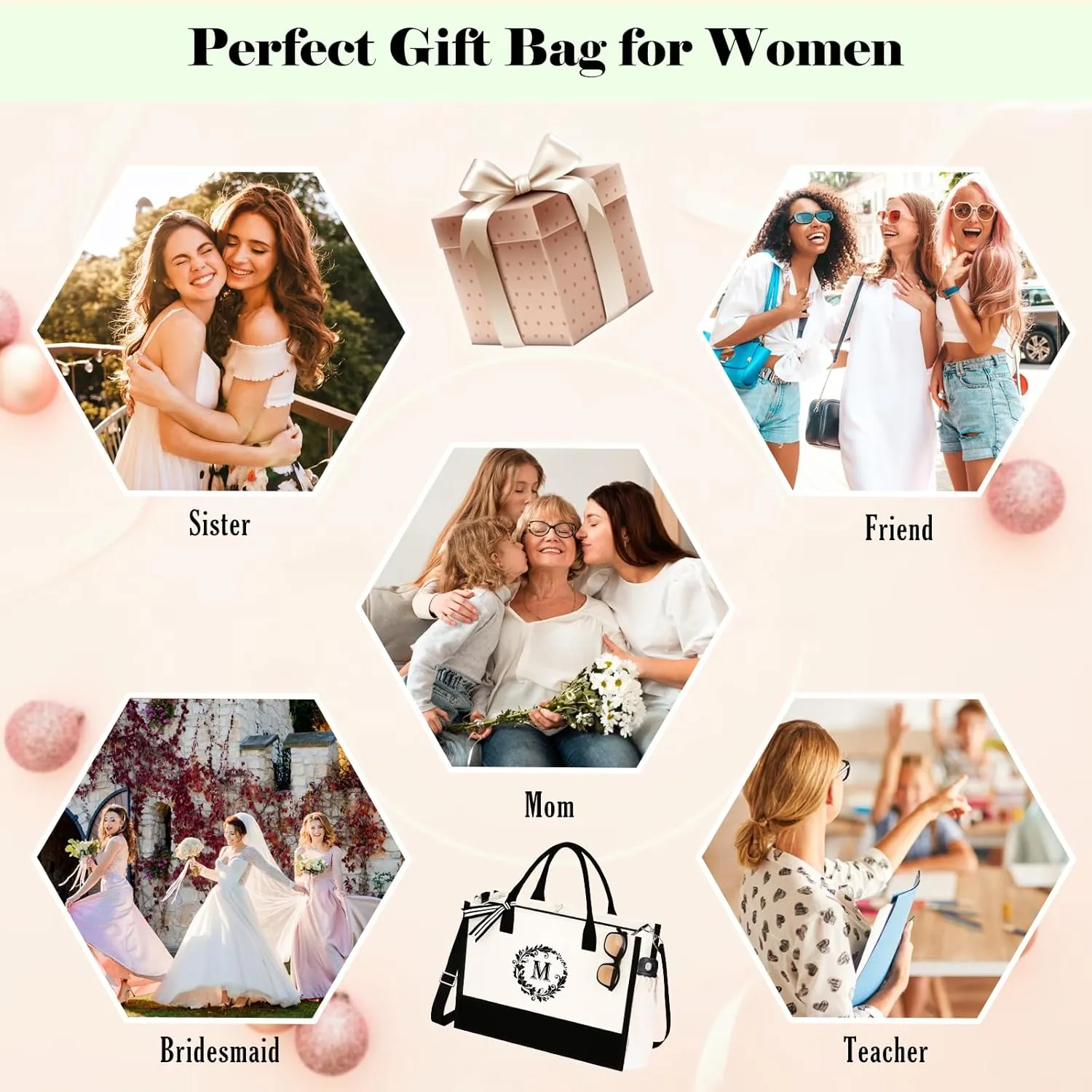 Mother's Day Gifts - Canvas Initial Tote Bags & Makeup with Adjustable Strap, Mothers Day Birthday Gifts for Mom