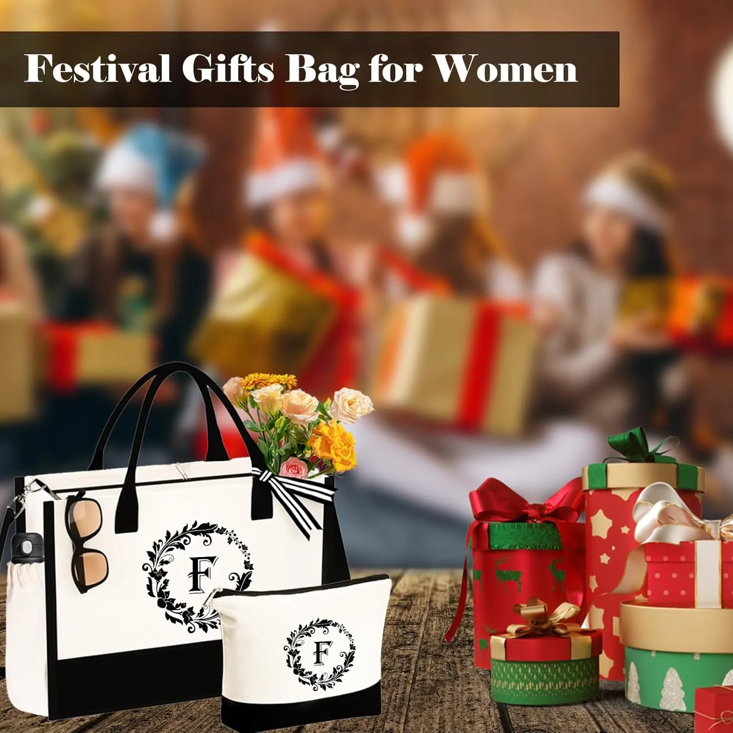 Mother's Day Gifts - Canvas Initial Tote Bags & Makeup with Adjustable Strap, Mothers Day Birthday Gifts for Mom