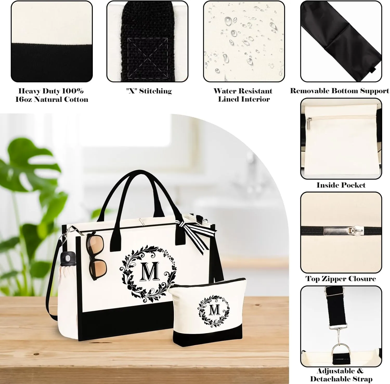 Mother's Day Gifts - Canvas Initial Tote Bags & Makeup with Adjustable Strap, Mothers Day Birthday Gifts for Mom