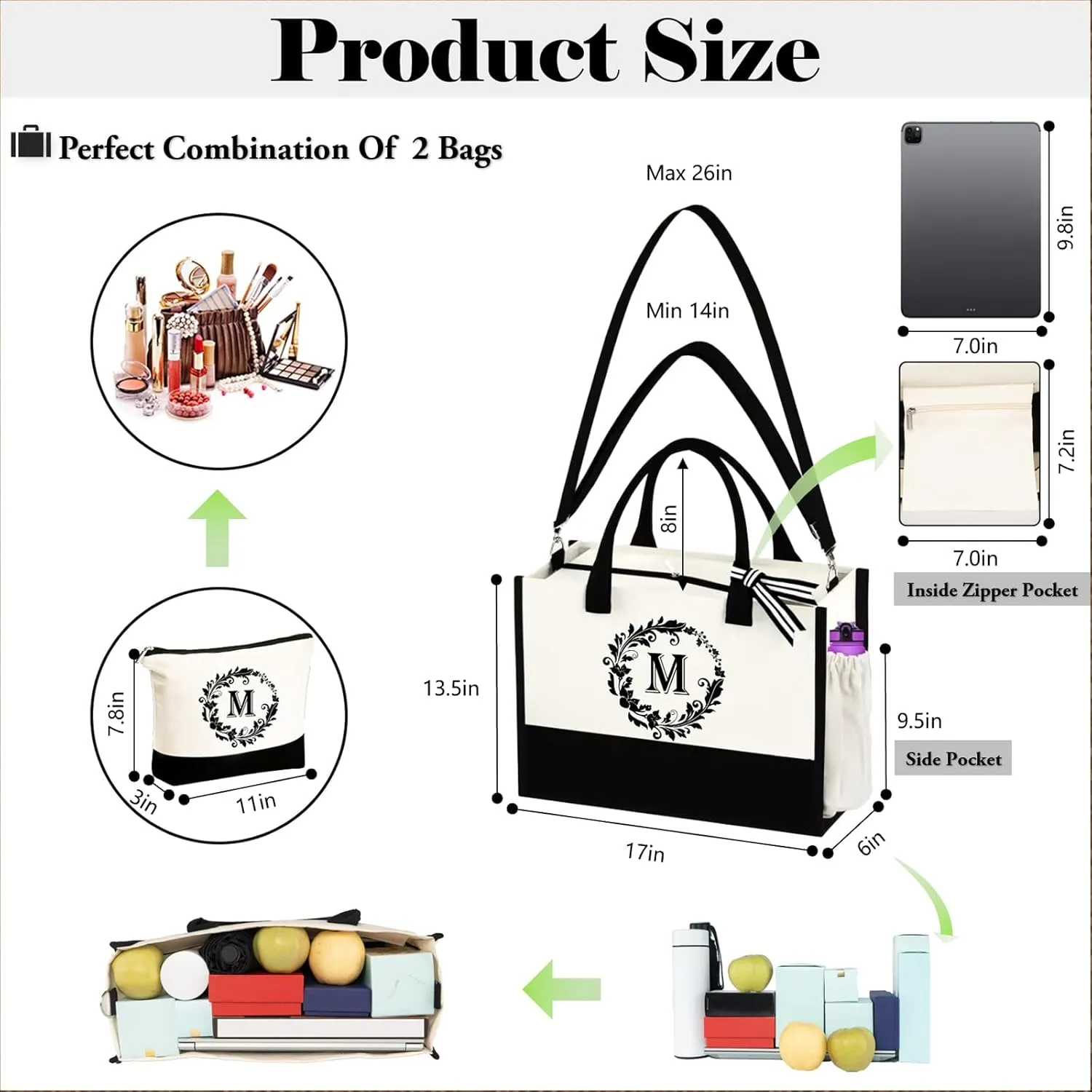 Mother's Day Gifts - Canvas Initial Tote Bags & Makeup with Adjustable Strap, Mothers Day Birthday Gifts for Mom