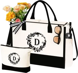 Mother's Day Gifts - Canvas Initial Tote Bags & Makeup with Adjustable Strap, Mothers Day Birthday Gifts for Mom