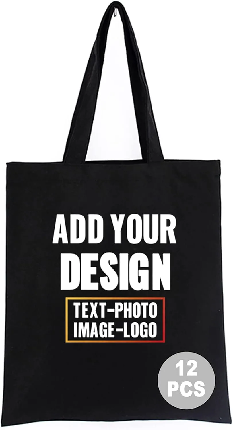 Muka Custom Print 12PCS Canvas Reusable Recycled Grocery Tote Bag, Add Your Image Text Logo for DIY & present, 14" W x 16" H