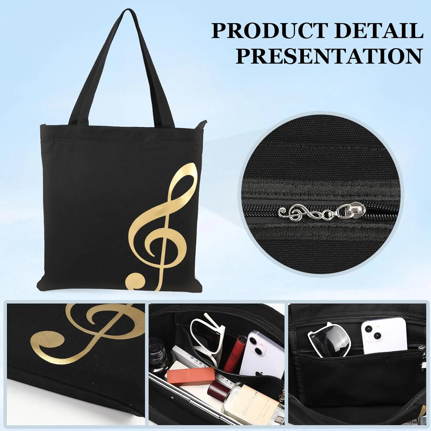 Music Notes Tote Bag, Canvas Handbag for Class, Reusable Shopping Bags, Music Gifts for Women
