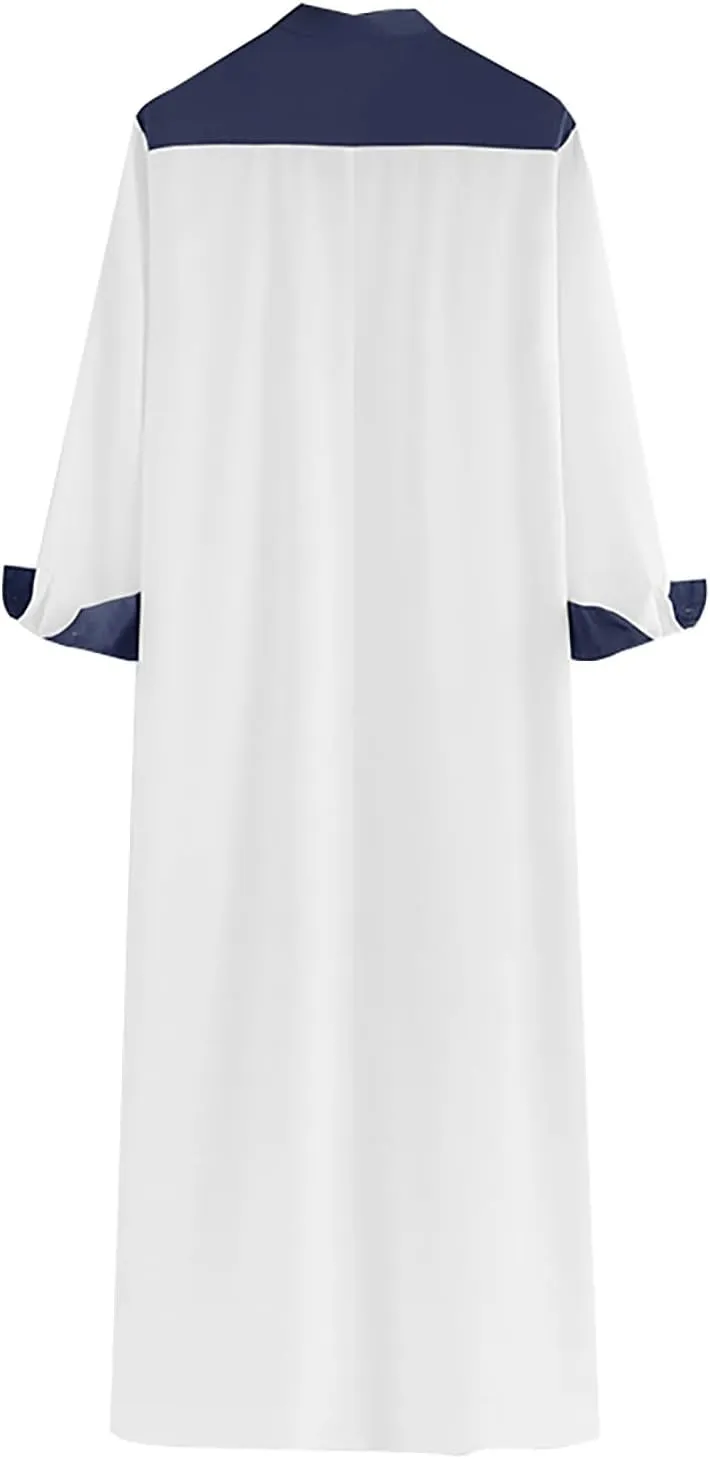Muslim Kaftan Thobes for Men Patchwork Middle East Islamic Saudi Arabic Robes Long Sleeve Mandarin Neck Ramadan Caftan Dress
