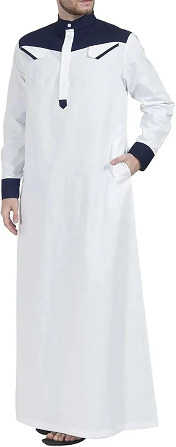 Muslim Kaftan Thobes for Men Patchwork Middle East Islamic Saudi Arabic Robes Long Sleeve Mandarin Neck Ramadan Caftan Dress