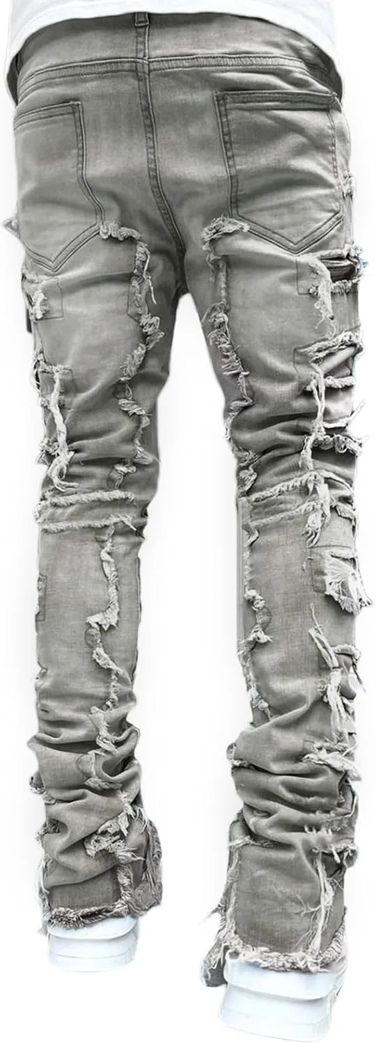 Mxiqqpltky Mens Stacked Jeans Slim Straight Black Ripped Jeans Skinny Distressed Denim Pants Destroyed Denim Jeans Streetwear
