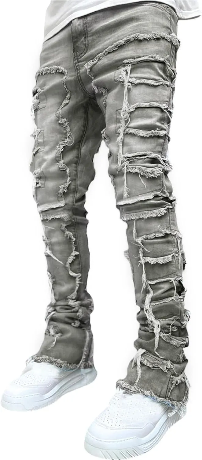 Mxiqqpltky Mens Stacked Jeans Slim Straight Black Ripped Jeans Skinny Distressed Denim Pants Destroyed Denim Jeans Streetwear