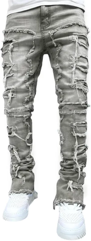 Mxiqqpltky Mens Stacked Jeans Slim Straight Black Ripped Jeans Skinny Distressed Denim Pants Destroyed Denim Jeans Streetwear