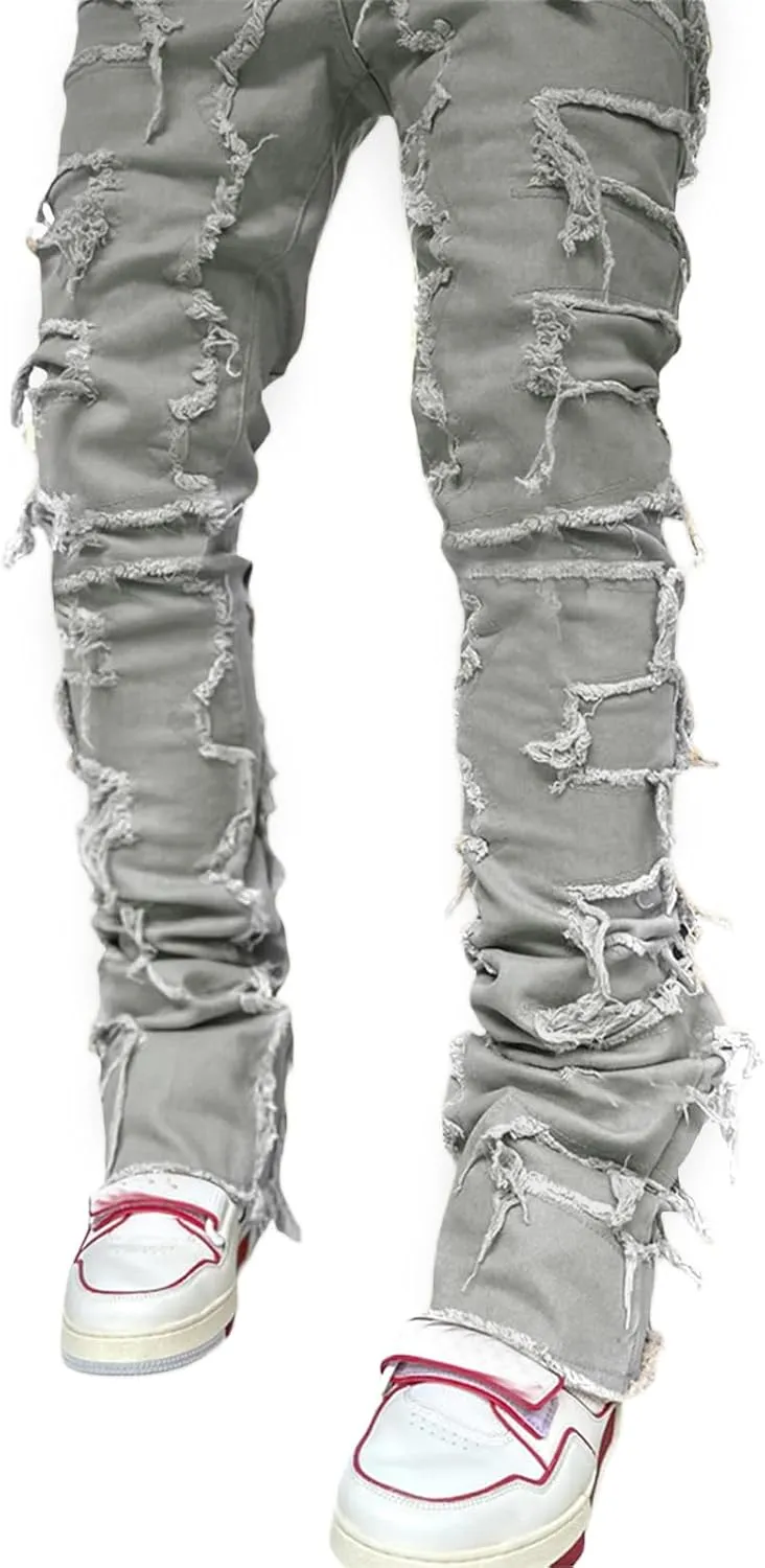Mxiqqpltky Mens Stacked Jeans Slim Straight Black Ripped Jeans Skinny Distressed Denim Pants Destroyed Denim Jeans Streetwear