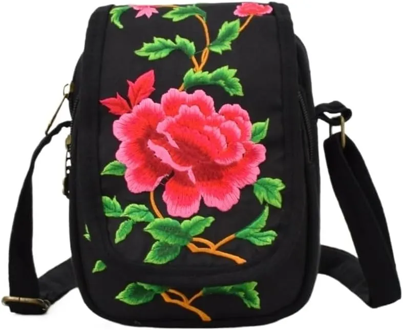 National Style Embroidery Crossbody Bag Square Canvas Bag With Double-sided Zipper Design