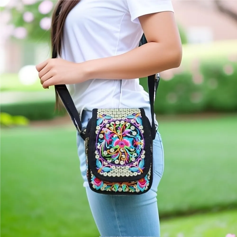 National Style Embroidery Crossbody Bag Square Canvas Bag With Double-sided Zipper Design