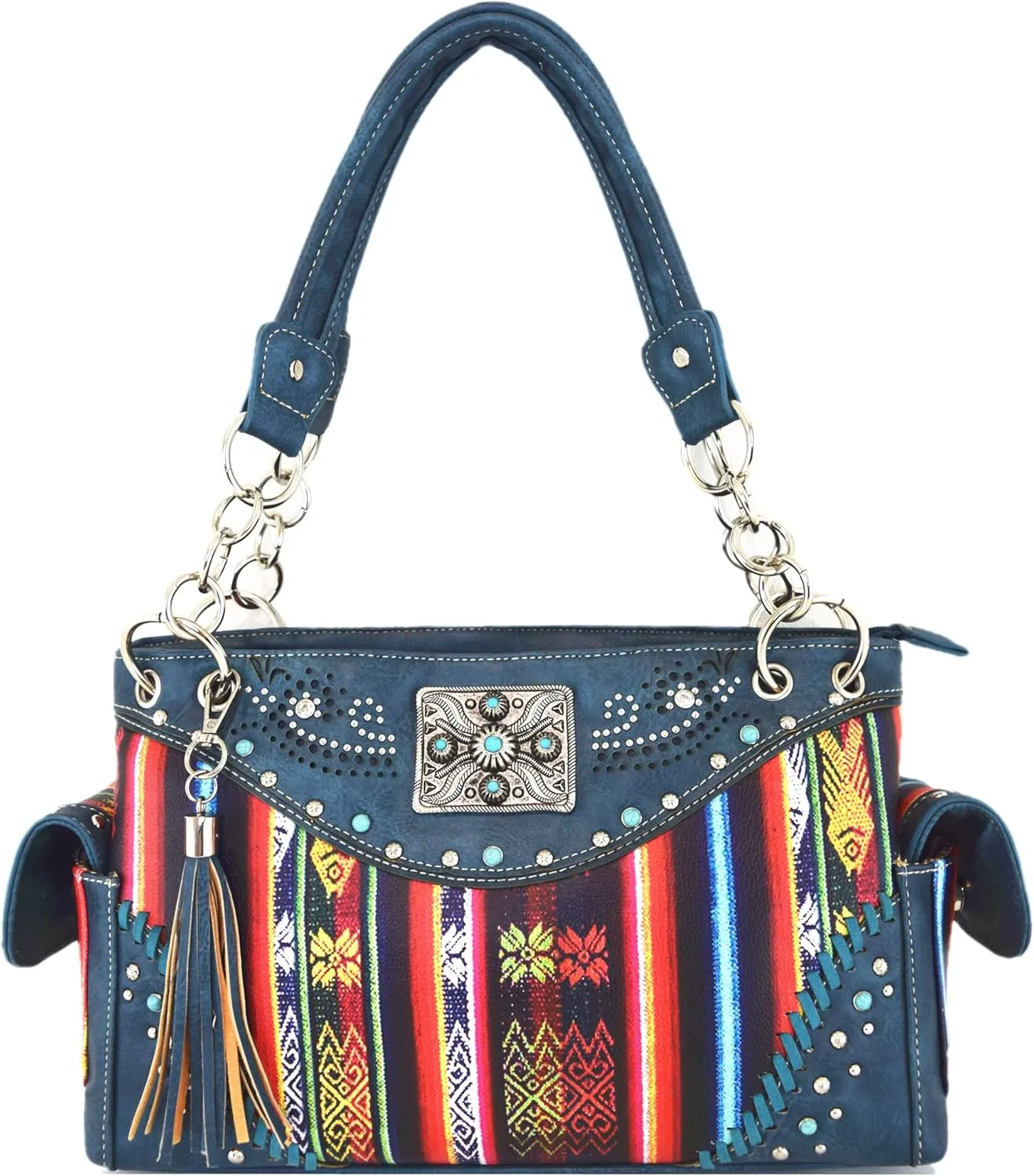 Native Conchos Studded Purse Western Style Rhinestone Country Leather Tassel Handbag Women Shoulder Bag Wallet Set
