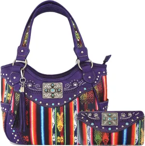 Native Conchos Studded Purse Western Style Rhinestone Country Leather Tassel Handbag Women Shoulder Bag Wallet Set