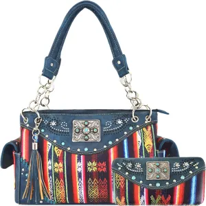 Native Conchos Studded Purse Western Style Rhinestone Country Leather Tassel Handbag Women Shoulder Bag Wallet Set