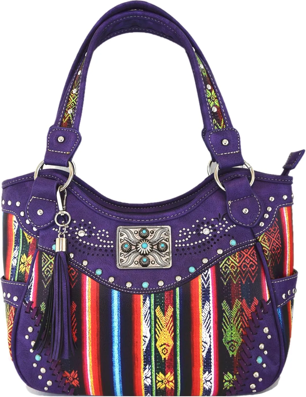Native Conchos Studded Purse Western Style Rhinestone Country Leather Tassel Handbag Women Shoulder Bag Wallet Set