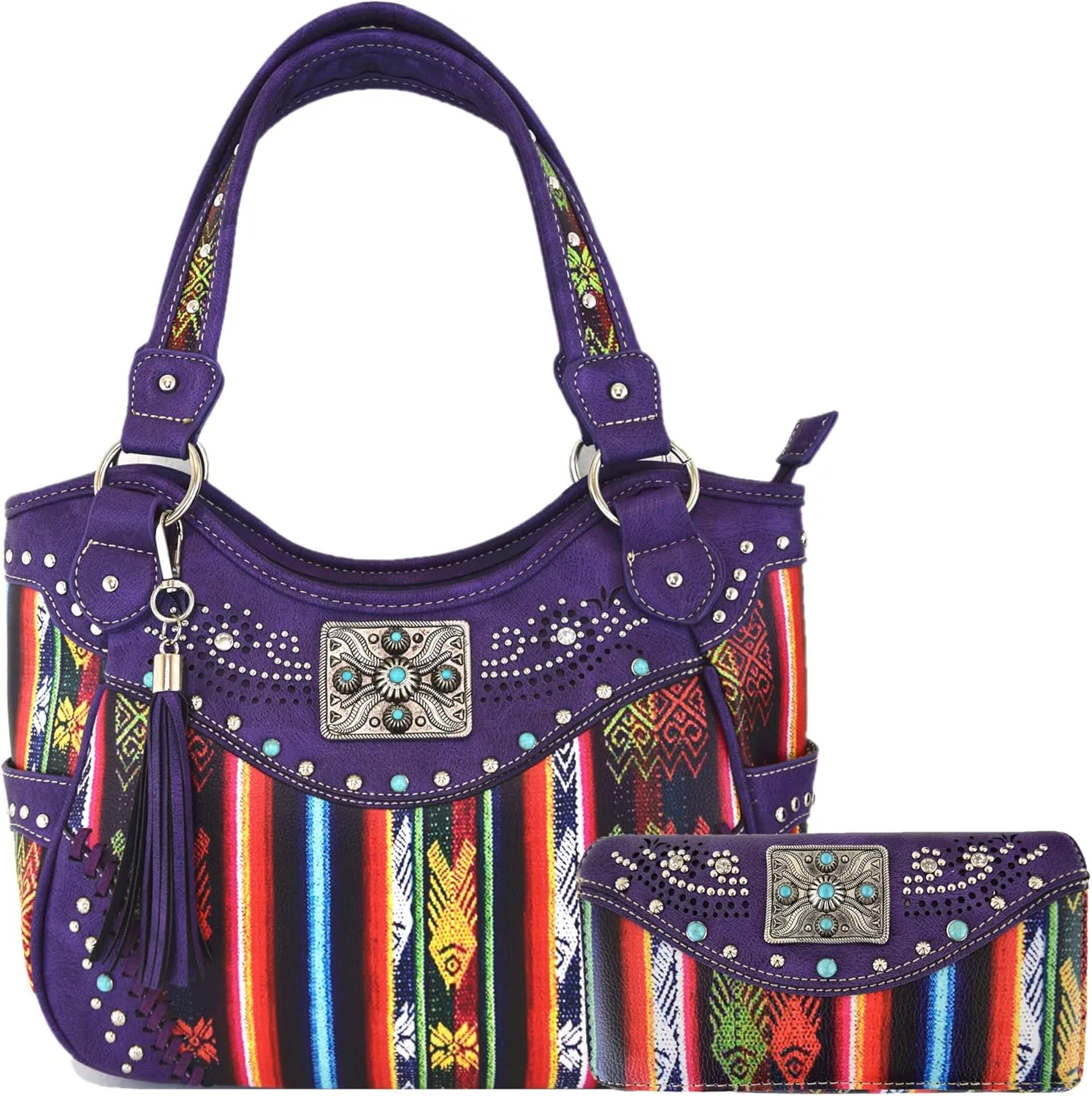 Native Conchos Studded Purse Western Style Rhinestone Country Leather Tassel Handbag Women Shoulder Bag Wallet Set