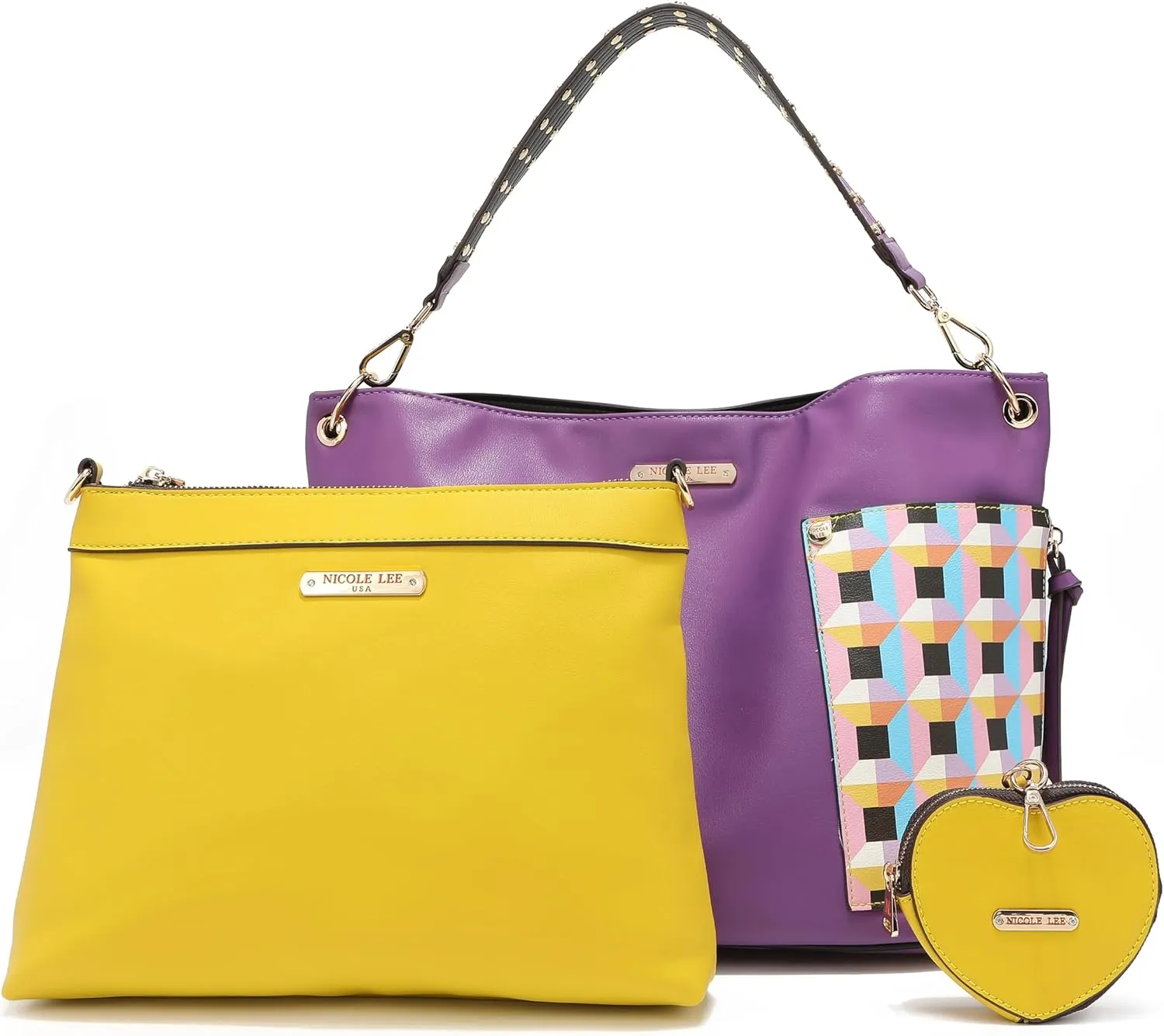 NICOLE LEE Quihn 3 Piece Set, Shoulder Handbag, Zip Pouch Crossbody, Detachable Heart Coin Purse