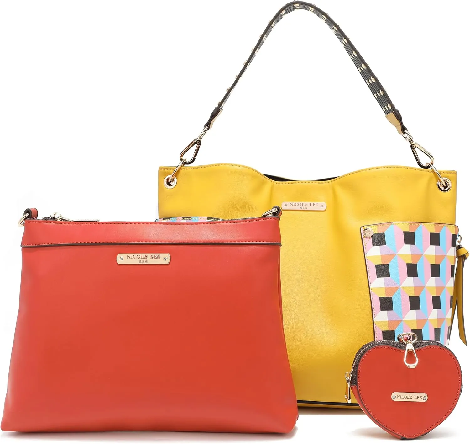 NICOLE LEE Quihn 3 Piece Set, Shoulder Handbag, Zip Pouch Crossbody, Detachable Heart Coin Purse
