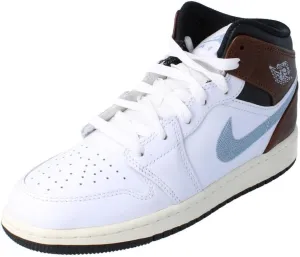 NIKE Air Jordan 1 Mid SE Big Kids' Shoes (FQ8162-142, White/Black/Sail/Blue Grey) Size 6.5