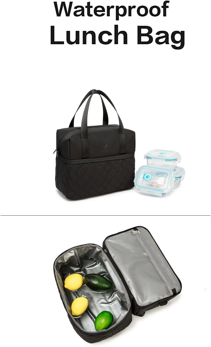 NOL Natural Organic Lifestyle Women Reusable Lunch Bag Leakproof Medium Insulated Nylon Cooler Bag with Detachable Strap (Black)