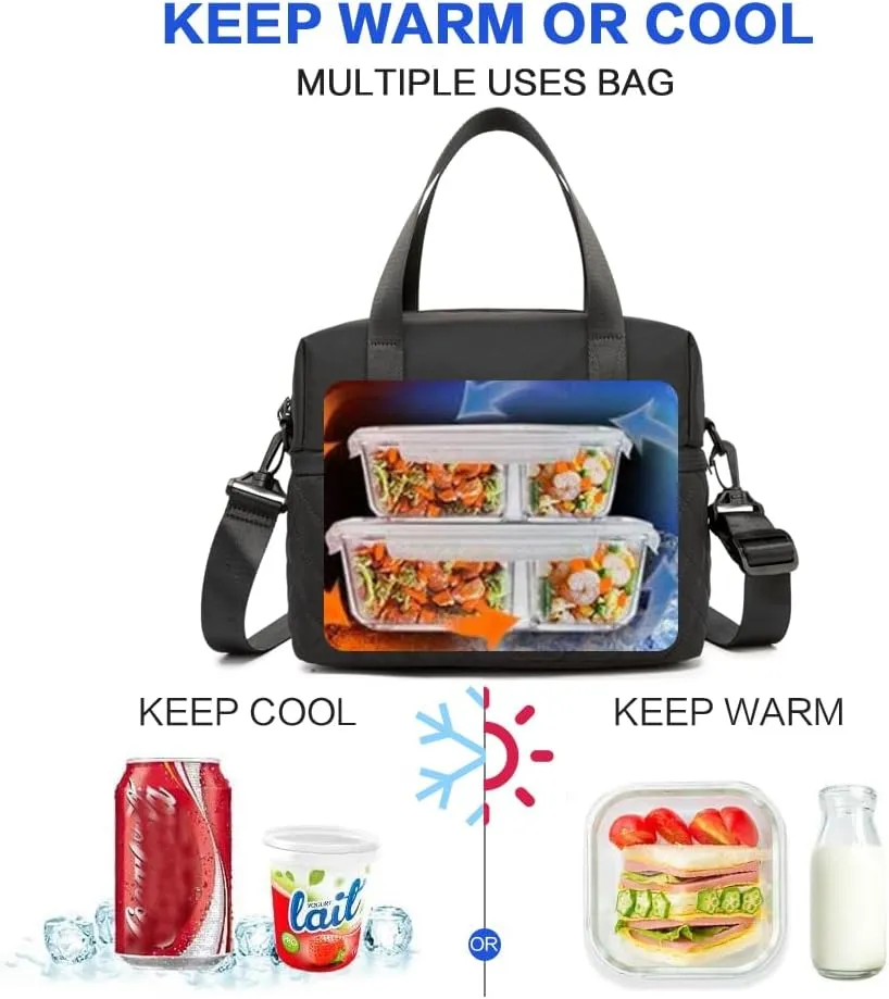 NOL Natural Organic Lifestyle Women Reusable Lunch Bag Leakproof Medium Insulated Nylon Cooler Bag with Detachable Strap (Black)