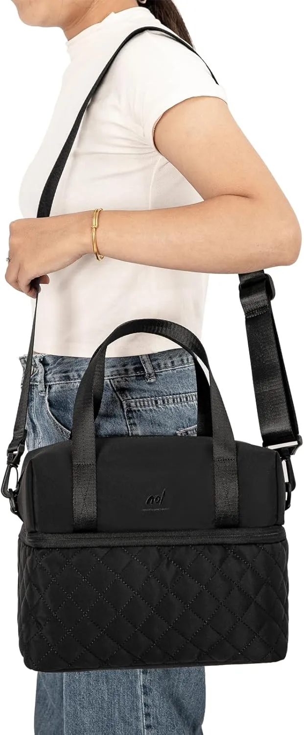NOL Natural Organic Lifestyle Women Reusable Lunch Bag Leakproof Medium Insulated Nylon Cooler Bag with Detachable Strap (Black)