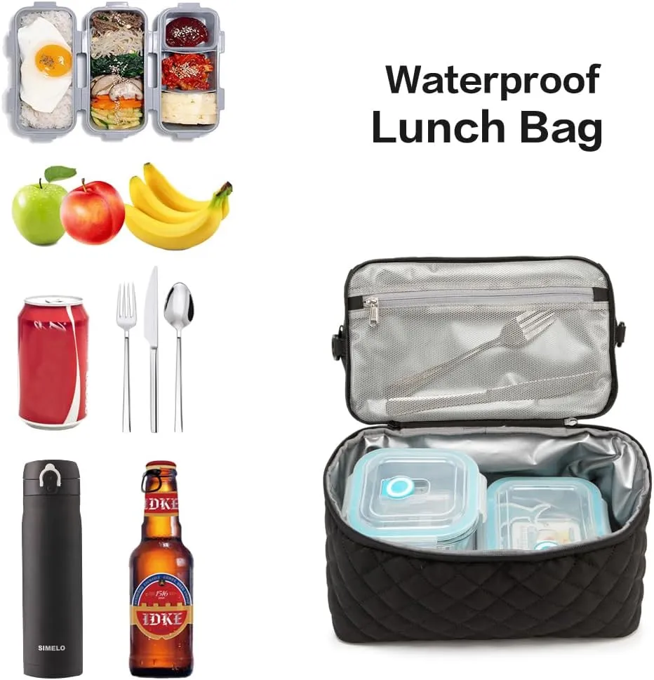 NOL Natural Organic Lifestyle Women Reusable Lunch Bag Leakproof Medium Insulated Nylon Cooler Bag with Detachable Strap (Black)