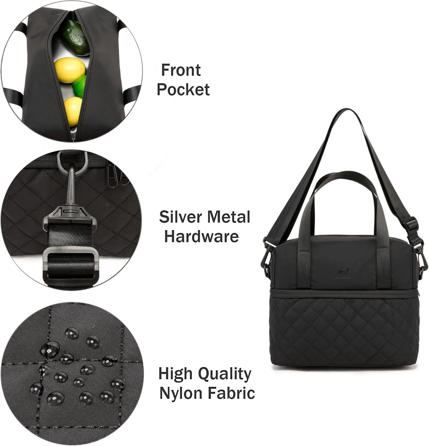 NOL Natural Organic Lifestyle Women Reusable Lunch Bag Leakproof Medium Insulated Nylon Cooler Bag with Detachable Strap (Black)
