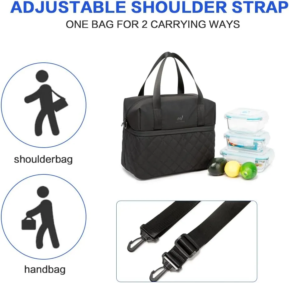 NOL Natural Organic Lifestyle Women Reusable Lunch Bag Leakproof Medium Insulated Nylon Cooler Bag with Detachable Strap (Black)