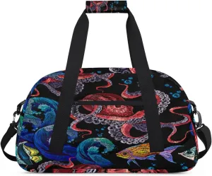 Octopus Embroidery Gym Duffel Bag for Men Women Waves Fish Sports Tote Bag with Adjustable Shoulder Strap for Dance Gymnastics Traveling Outdoor Camping Overnight Stay
