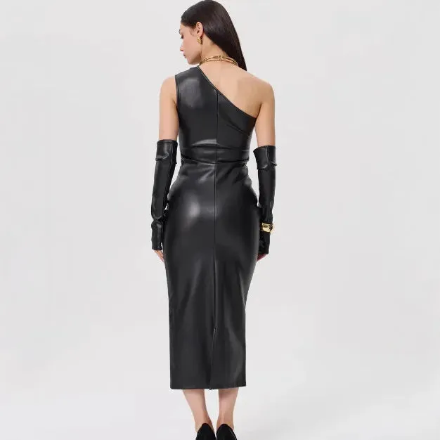 Off-Shoulder Strapless Faux Leather Patchwork Dress