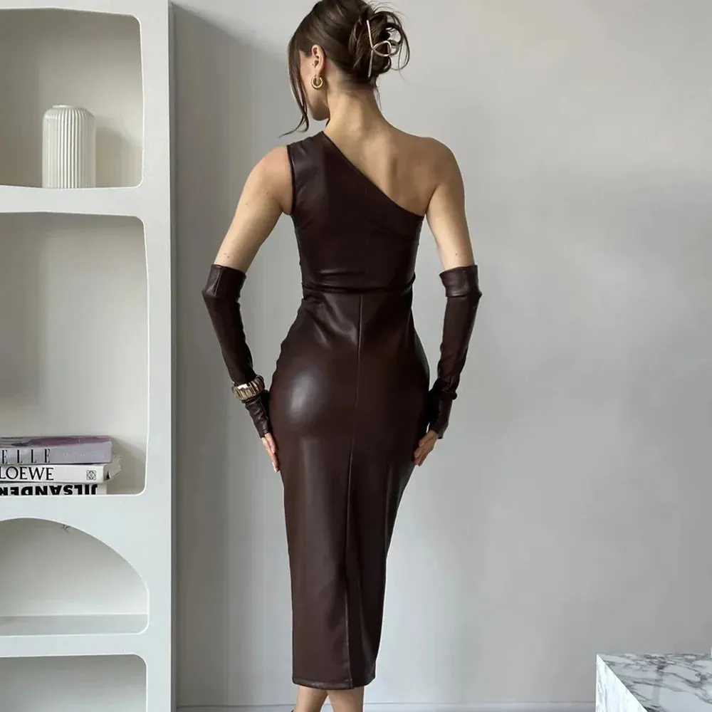 Off-Shoulder Strapless Faux Leather Patchwork Dress