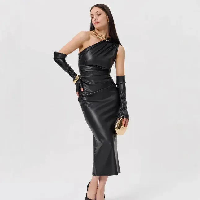 Off-Shoulder Strapless Faux Leather Patchwork Dress
