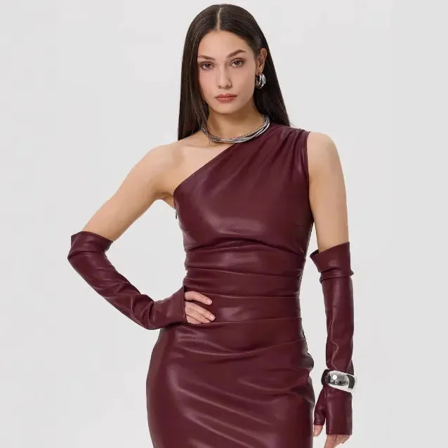Off-Shoulder Strapless Faux Leather Patchwork Dress