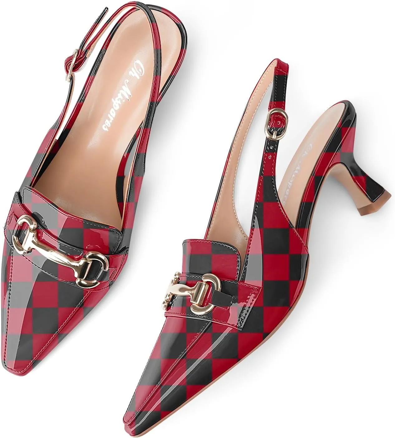 Oh Mispares Women’s Slingback Pumps Closed Pointed Toe Low Kitten Heels Patent Leather Buckles 2.6 Inch Dress Shoes for Office Party Wedding