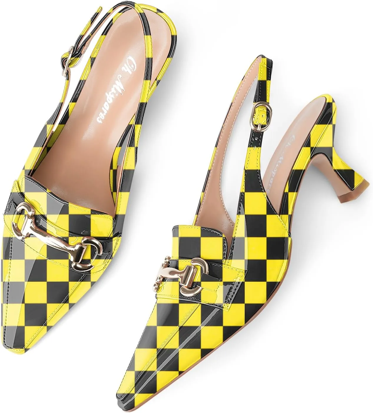Oh Mispares Women’s Slingback Pumps Closed Pointed Toe Low Kitten Heels Patent Leather Buckles 2.6 Inch Dress Shoes for Office Party Wedding